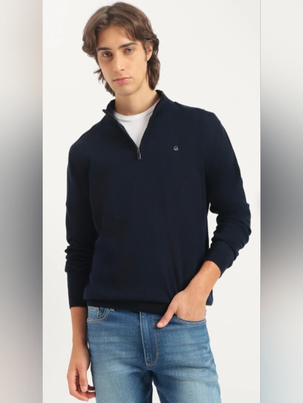 Regular Fit Mock Neck Solid Zipped Up Sweater